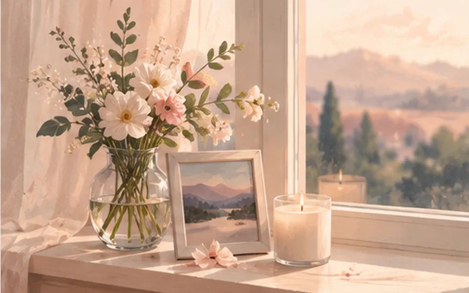 Flores e uma vela acesa junto a uma janela, numa ilustração de memória e saudade